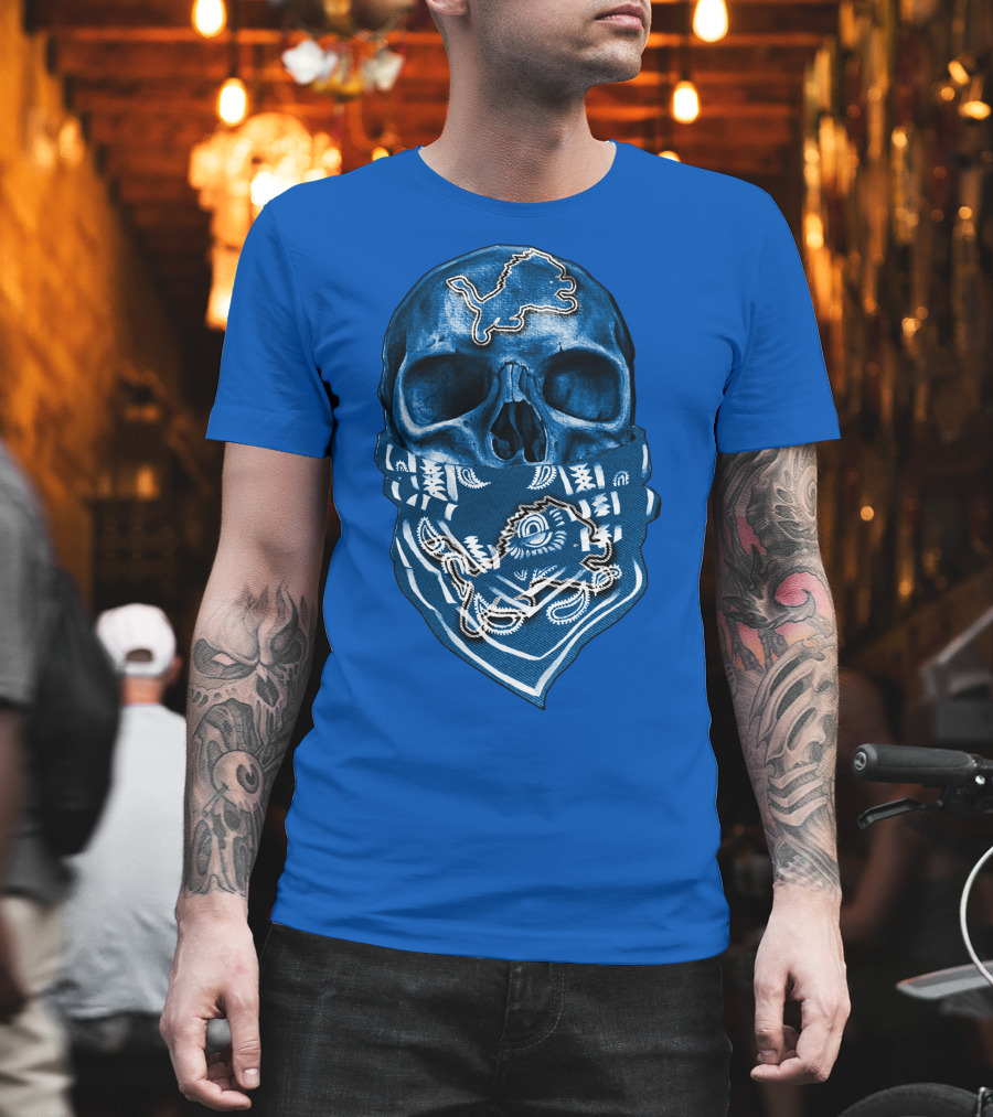 Detroit Lions Skull Bandana Blue T-Shirt