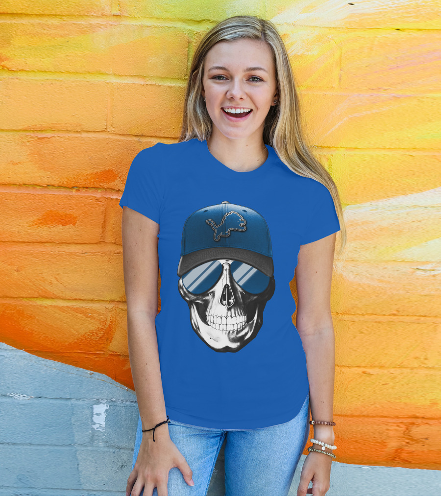 Skull Wearing Detroit Lions Cap With Reflective Sunglasses T-Shirt