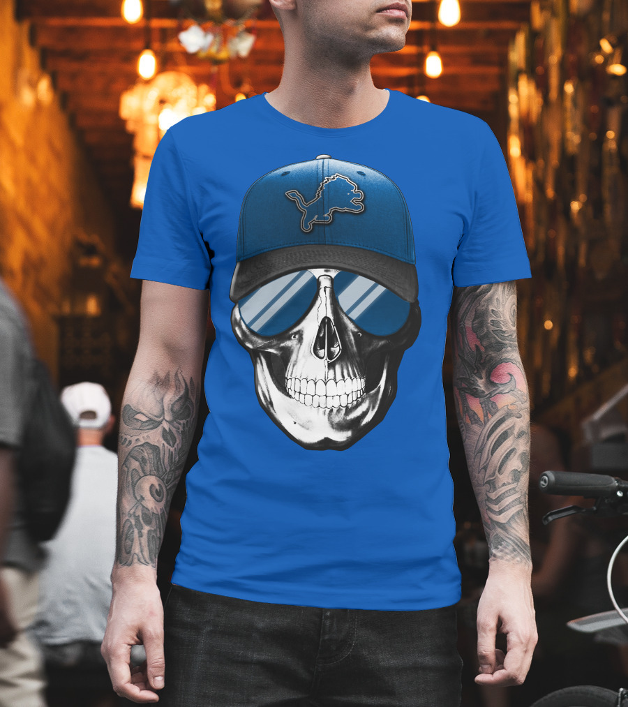 Skull Wearing Detroit Lions Cap With Reflective Sunglasses T-Shirt