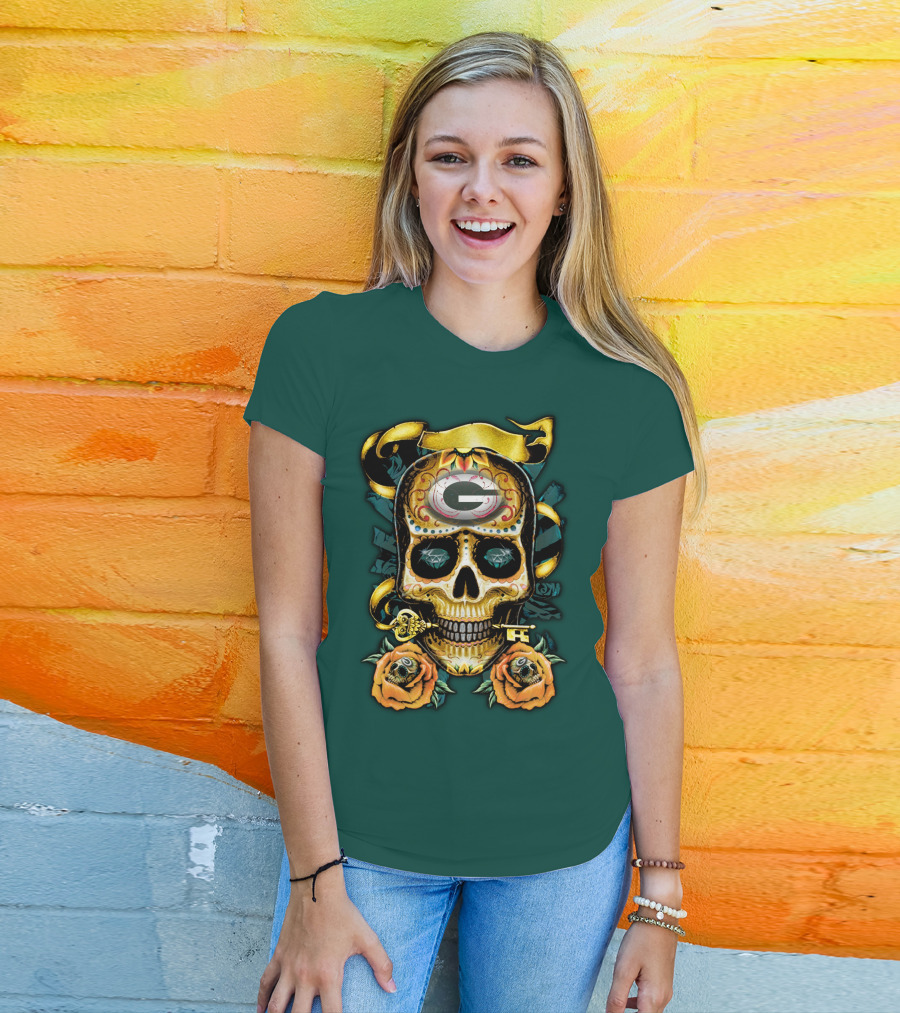 Green Bay Packers Sugar Skull Gothic Design With Floral And Key Elements T-Shirt