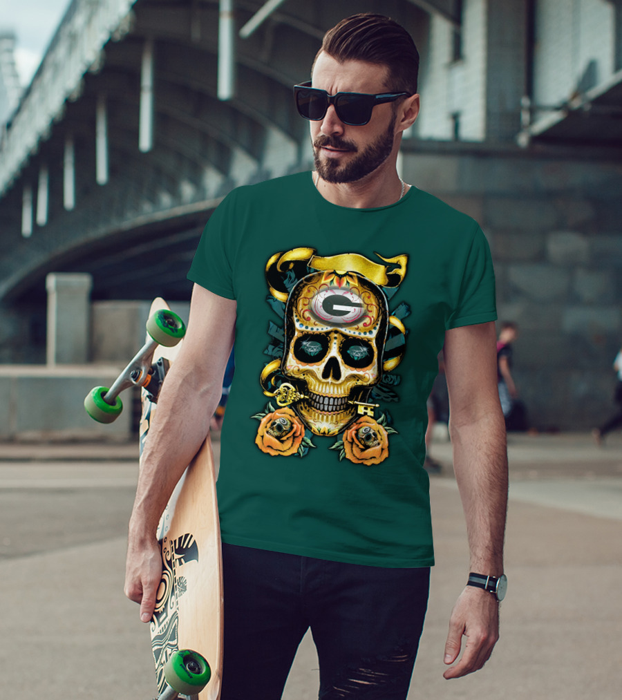 Green Bay Packers Sugar Skull Gothic Design With Floral And Key Elements T-Shirt
