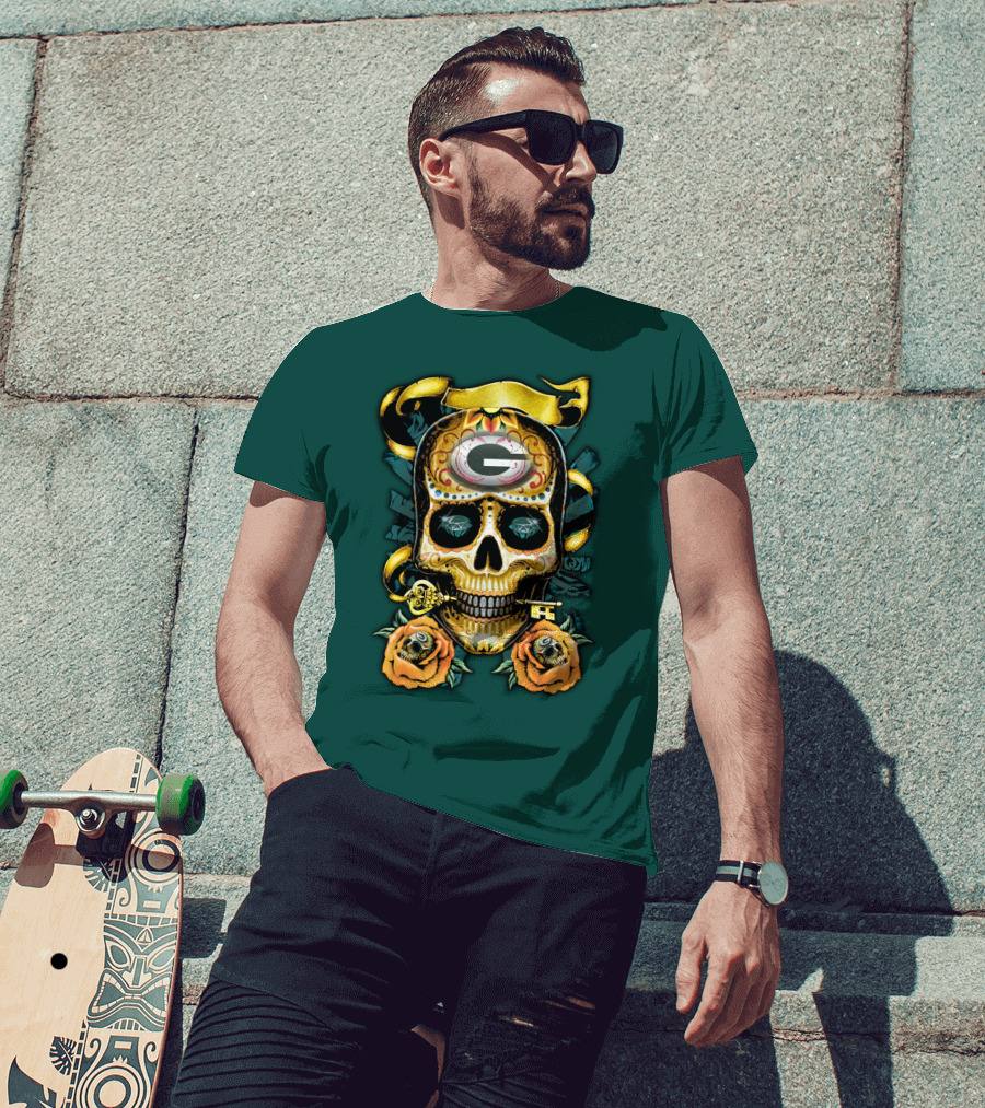 Green Bay Packers Sugar Skull Gothic Design With Floral And Key Elements T-Shirt