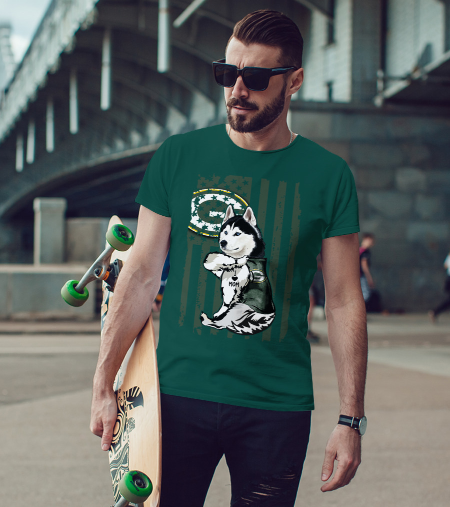 Siberian Husky Green Bay Packers Mom Fan With Heart Tattoo And Team T-Shirt