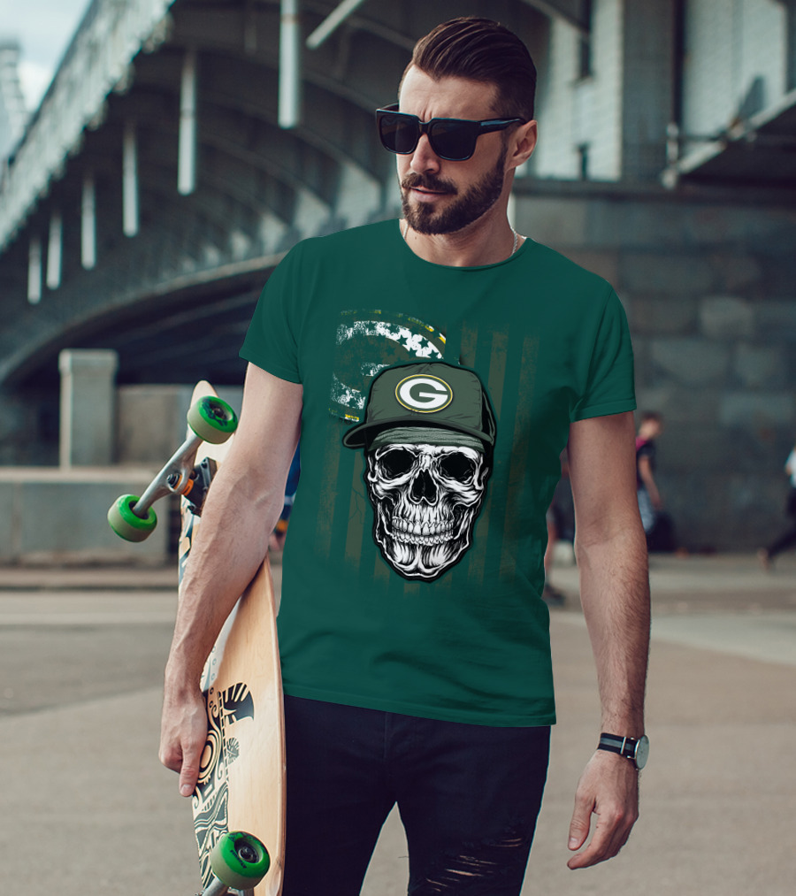Skull Wearing Green Bay Packers Cap On Flag Background T-Shirt