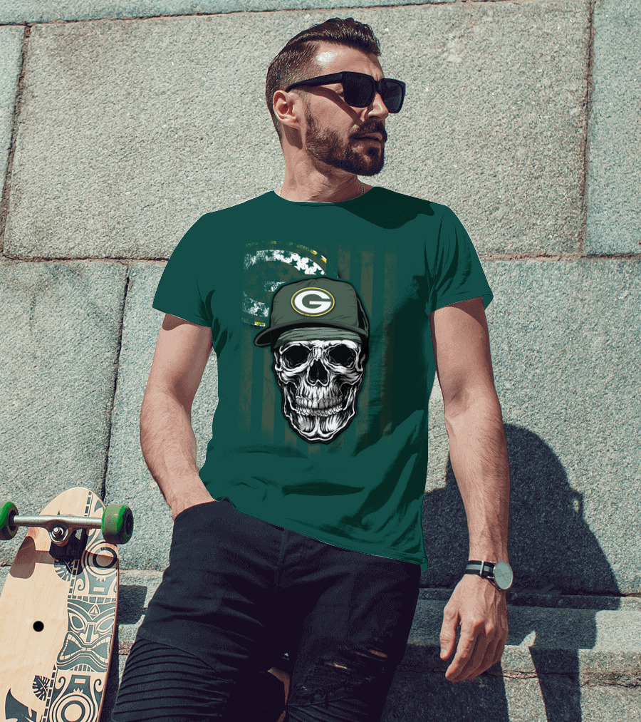 Skull Wearing Green Bay Packers Cap On Flag Background T-Shirt