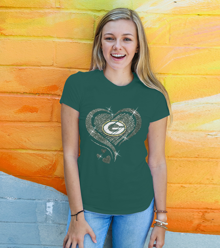 Green Bay Packers Heart Diamond Sparkle T-Shirt