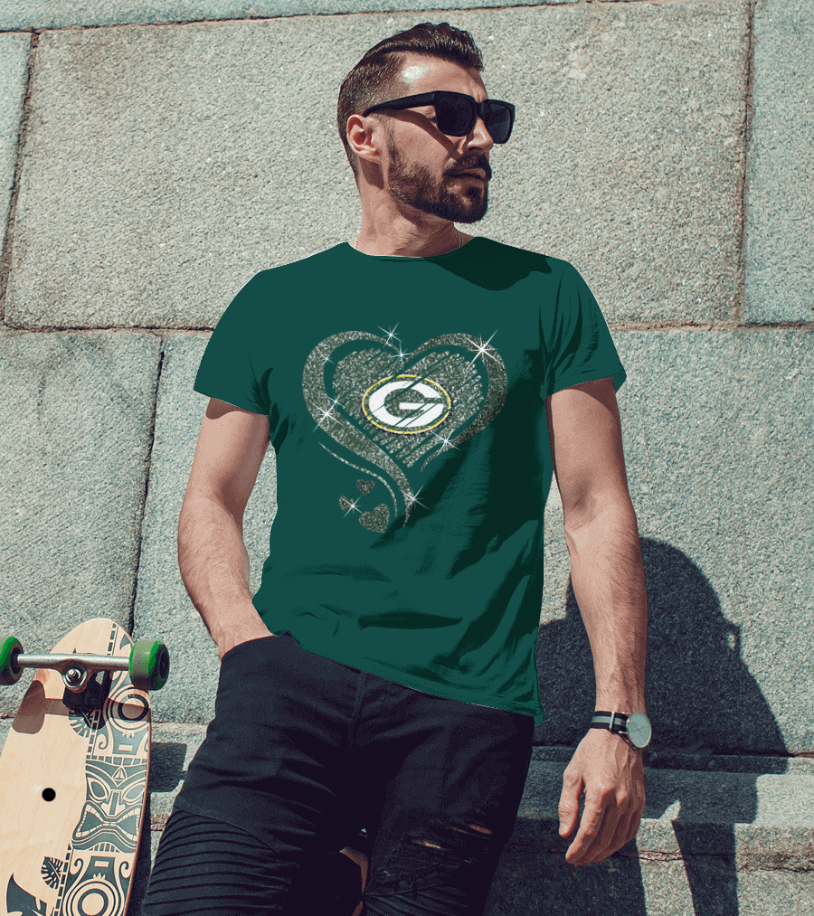 Green Bay Packers Heart Diamond Sparkle T-Shirt