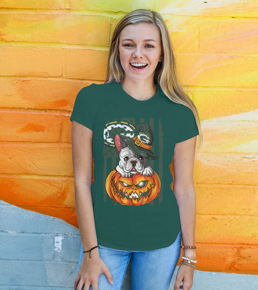 Hlw Bulldog Halloween Witch Green Bay Packers Pumpkin T-Shirt