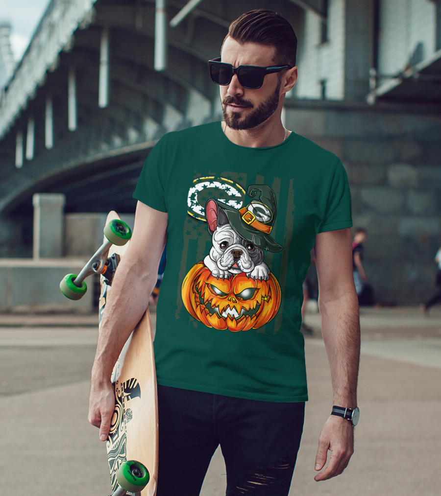 Hlw Bulldog Halloween Witch Green Bay Packers Pumpkin T-Shirt