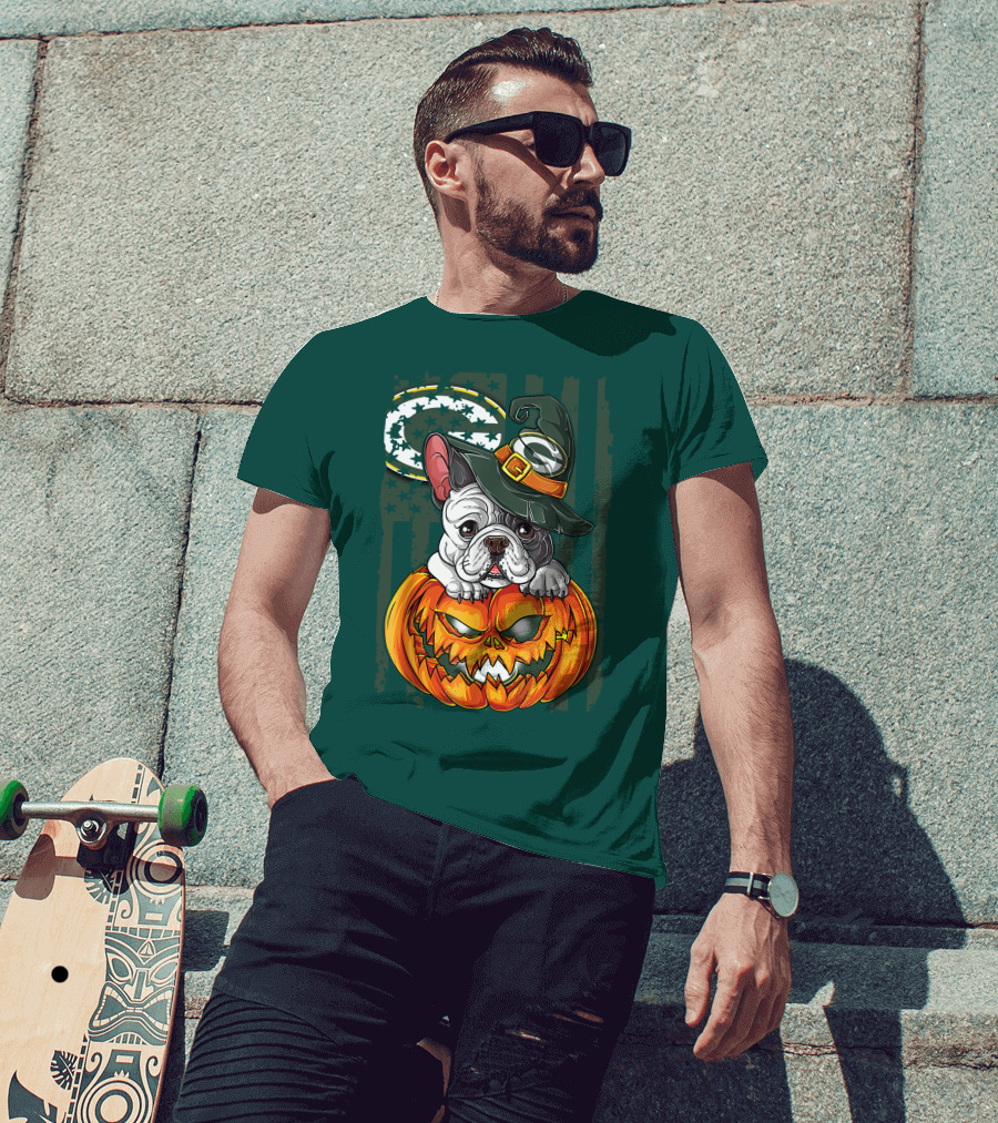 Hlw Bulldog Halloween Witch Green Bay Packers Pumpkin T-Shirt