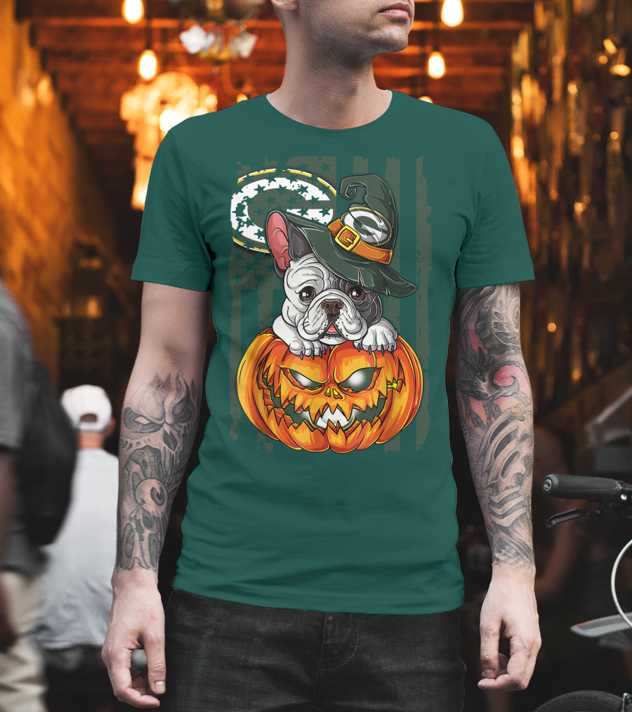 Hlw Bulldog Halloween Witch Green Bay Packers Pumpkin T-Shirt