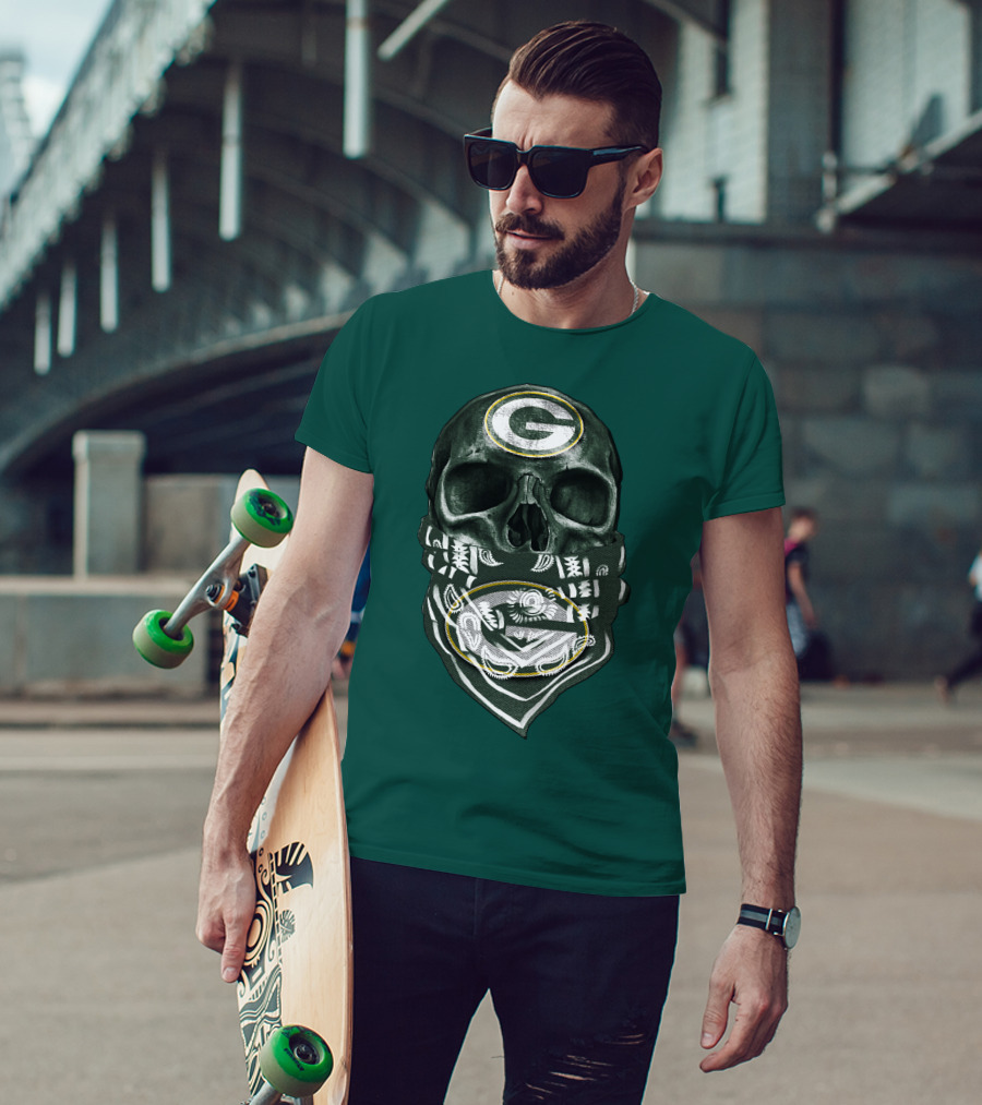 Skull Wearing Green Bay Packers Bandana T-Shirt