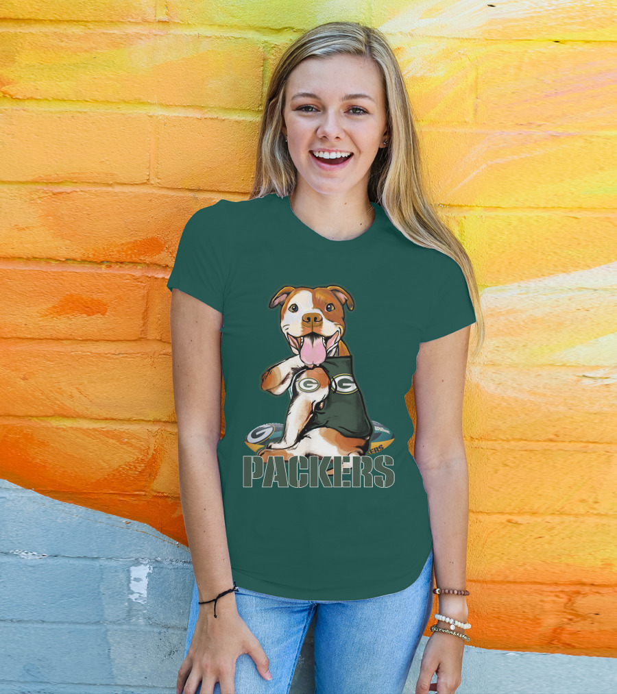 Pitbull Dog In Green Bay Packers Jersey With Football T-Shirt