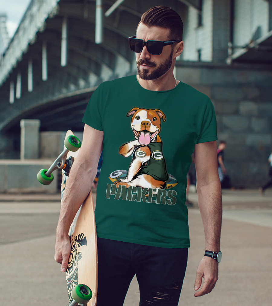 Pitbull Dog In Green Bay Packers Jersey With Football T-Shirt