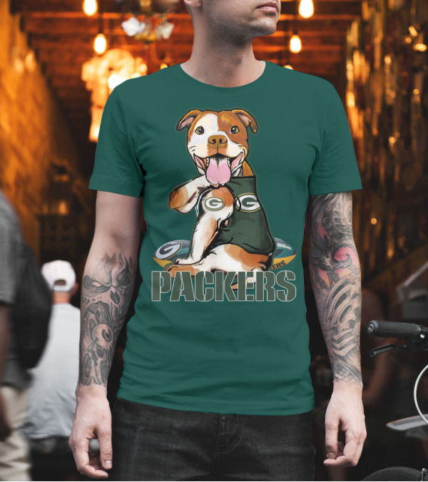 Pitbull Dog in Green Bay Packers Jersey with Football T-Shirt Pitbull Dog in Green Bay Packers Jersey with Football T-Shirt