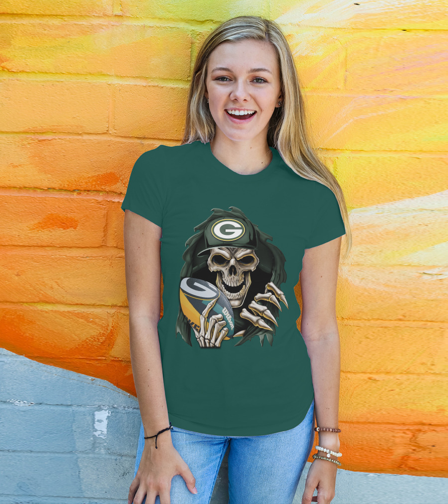 Skull With Green Bay Packers Cap Holding Football On Dark Green T-Shirt
