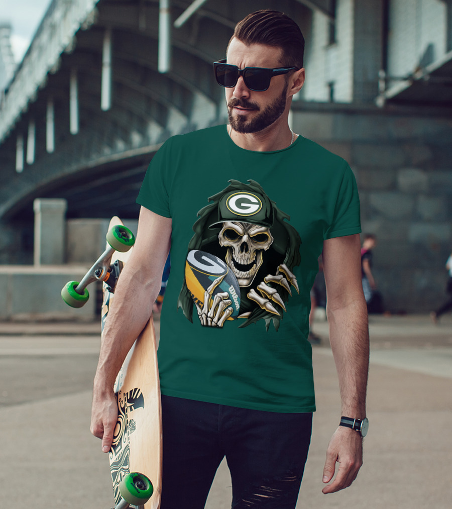 Skull With Green Bay Packers Cap Holding Football On Dark Green T-Shirt