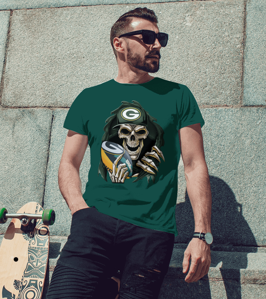 Skull With Green Bay Packers Cap Holding Football On Dark Green T-Shirt
