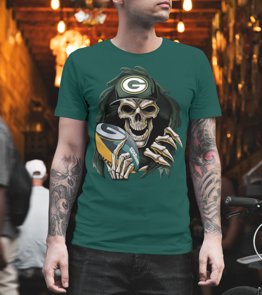 Skull With Green Bay Packers Cap Holding Football On Dark Green T-Shirt