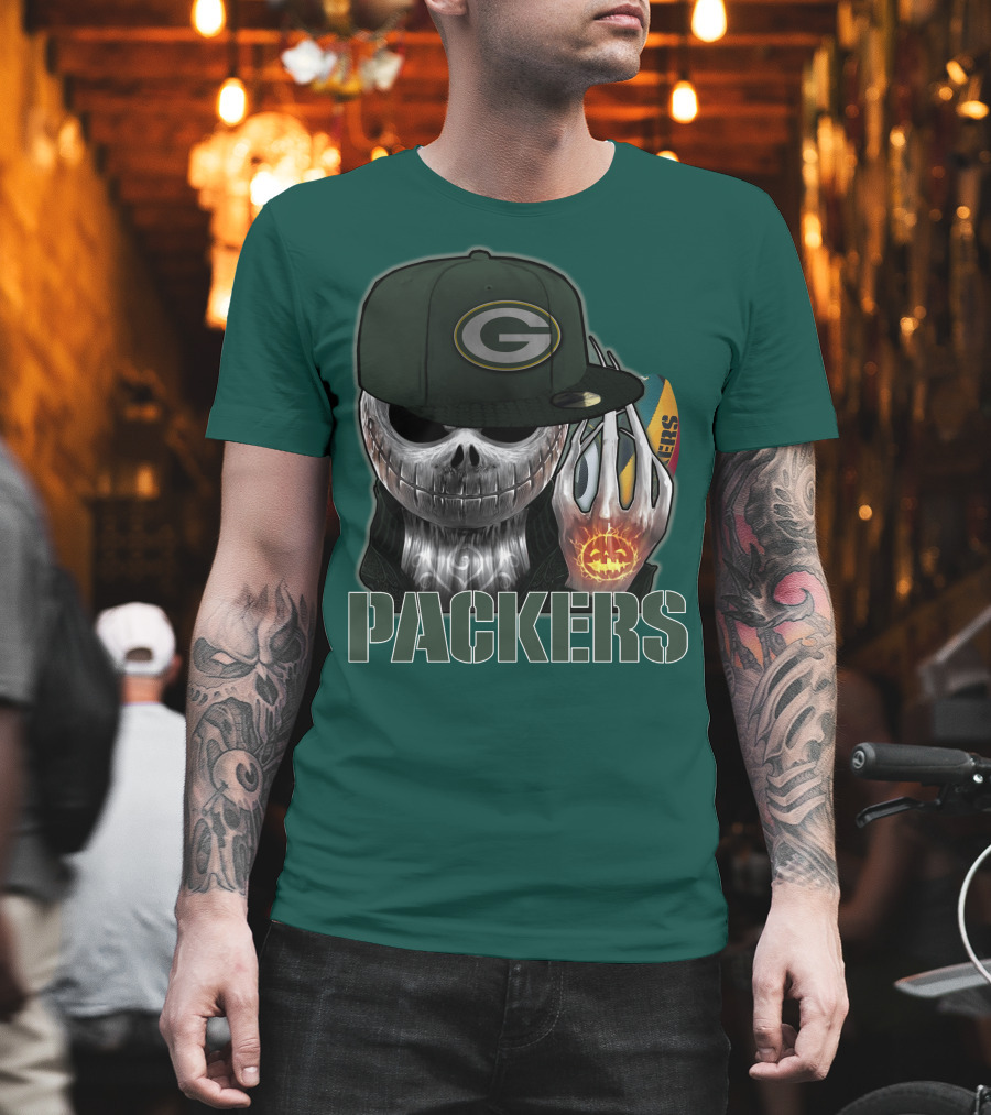 Jackskull Green Bay Packers Halloween Theme Packers Fan Skull T-Shirt
