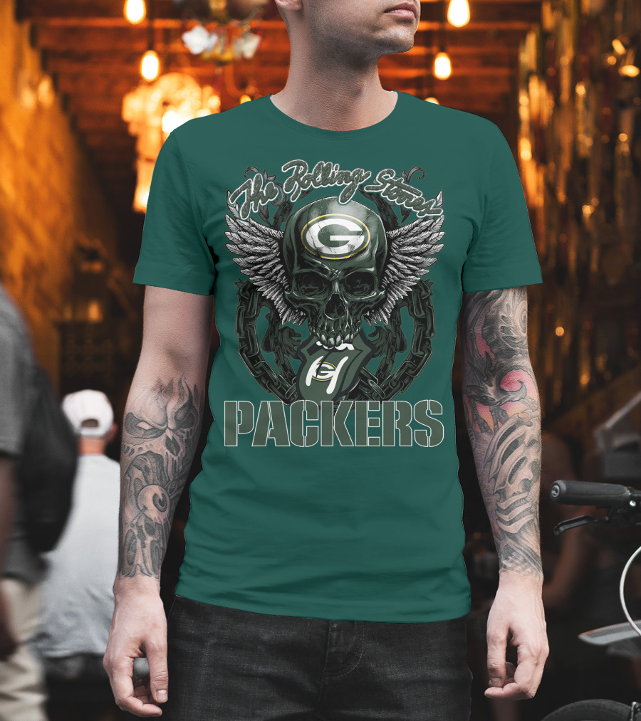 The Rolling Stones Green Bay Packers Skull Logo Wings T-Shirt