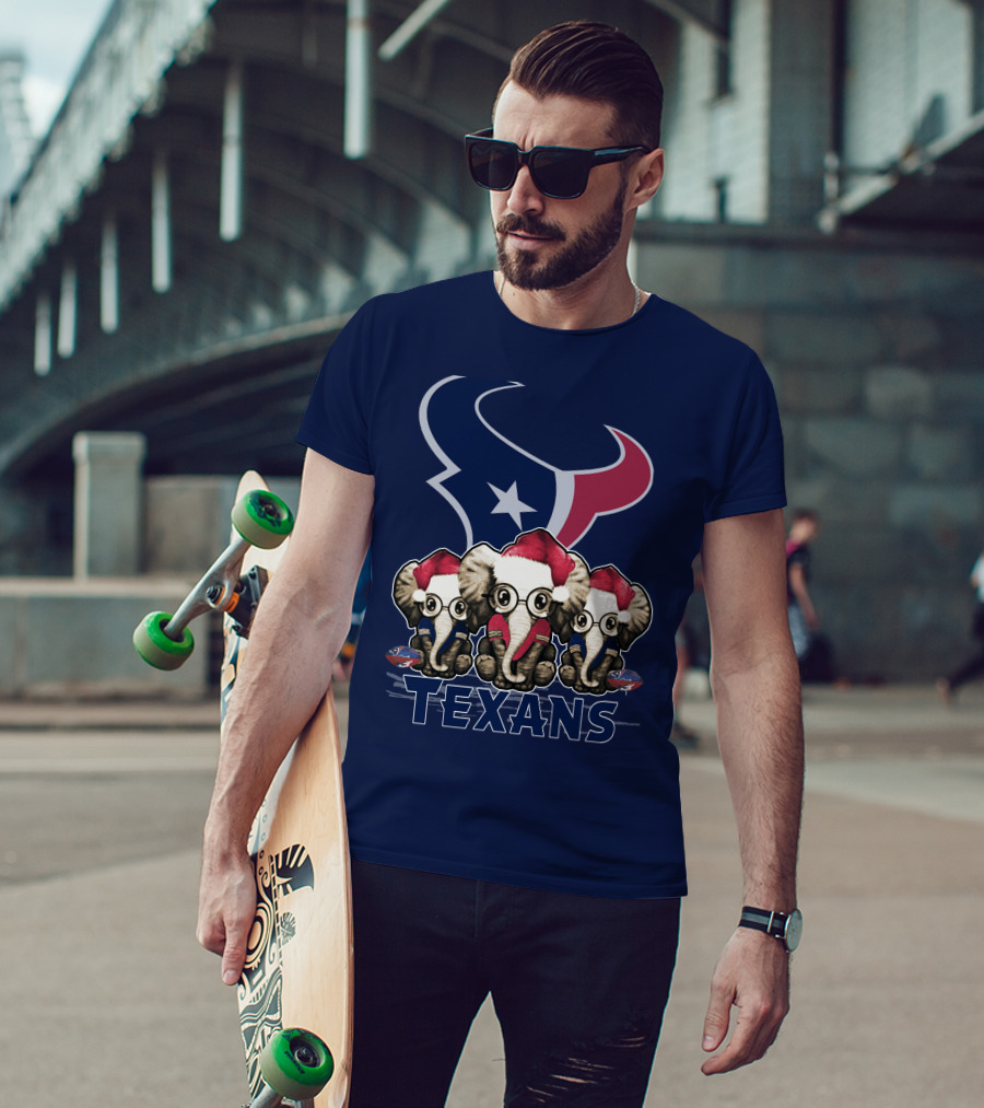 Elephants In Christmas Hats With Houston Texans T-Shirt