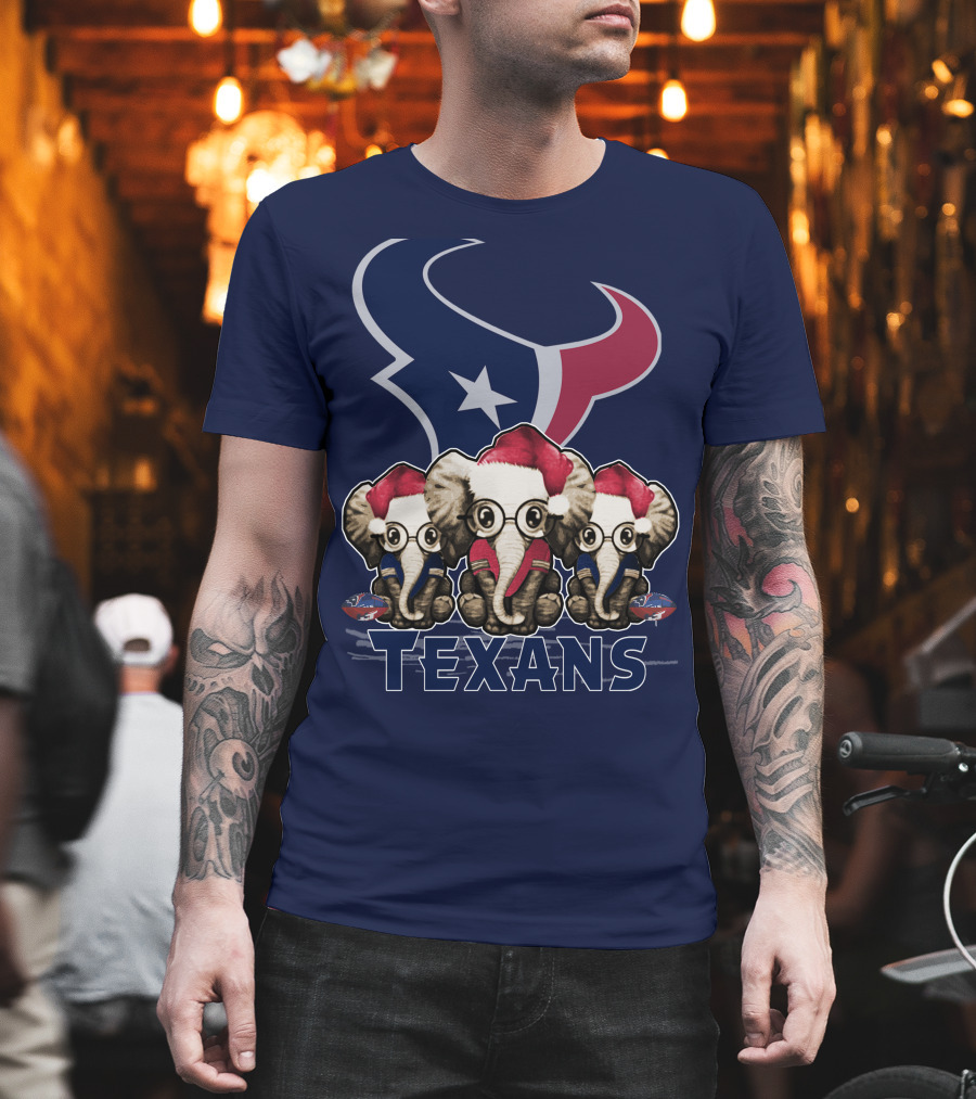 Elephants In Christmas Hats With Houston Texans T-Shirt