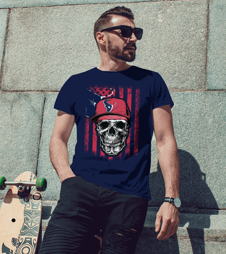 Skull In Houston Texans Hat With American Flag Background T-Shirt