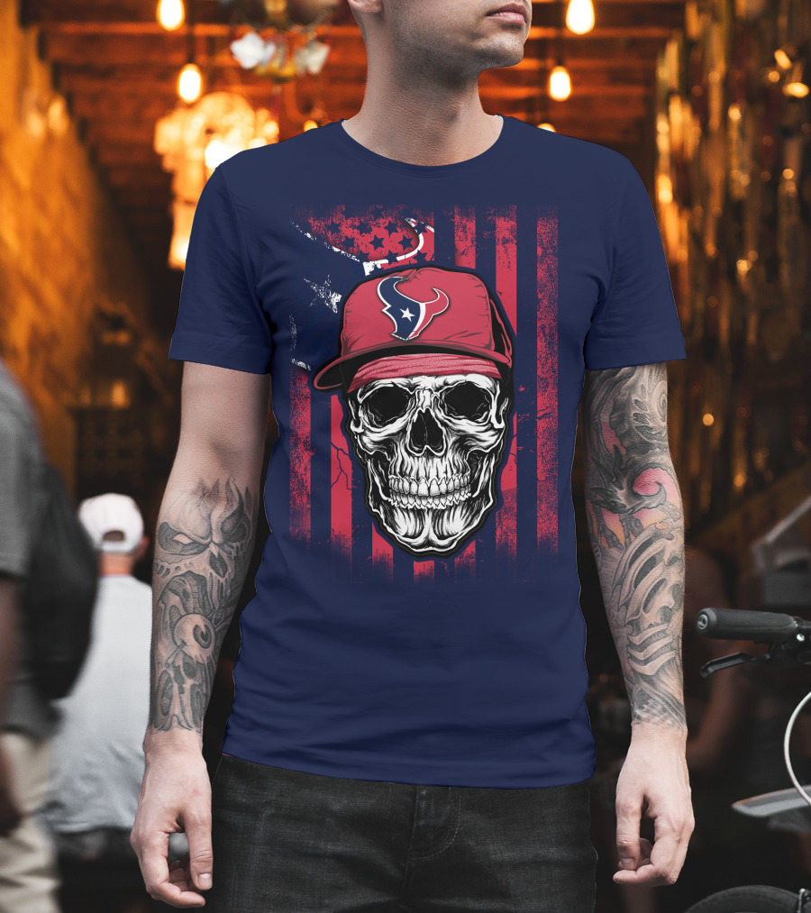 Skull In Houston Texans Hat With American Flag Background T-Shirt