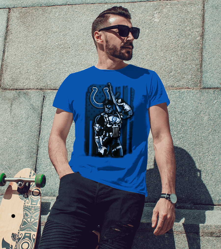 Indianapolis Colts Punisher Nfl Crossover 26 Blue Flag T-Shirt