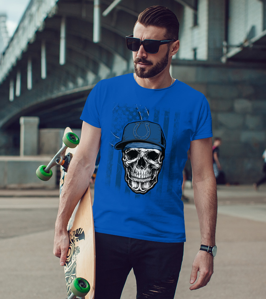 Skull Indianapolis Colts Blue Cap American Flag Background T-Shirt