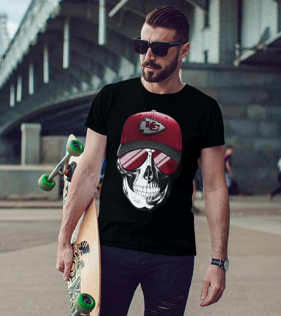 Skull Wearing Kansas City Chiefs Hat With Reflective Shades T-Shirt