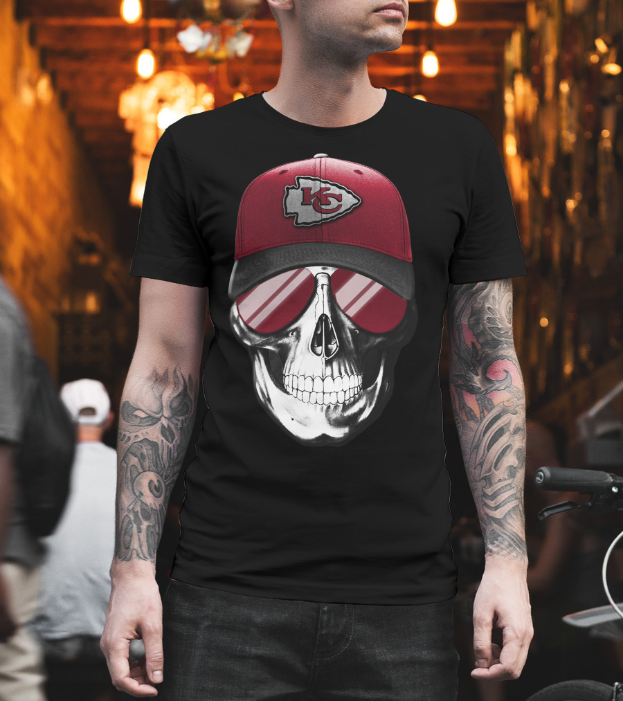 Skull Wearing Kansas City Chiefs Hat with Reflective Shades T-Shirt