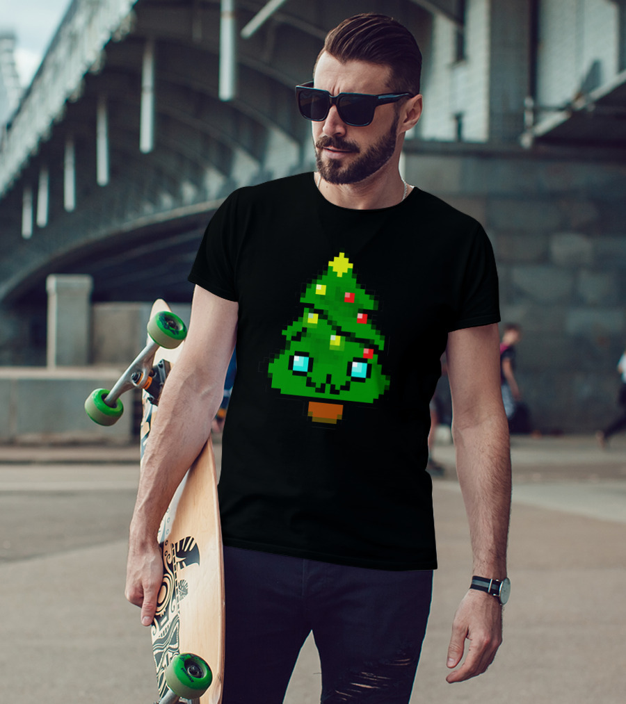 Chrismas Tree Pixel Art Cute Kawaii Face T-Shirt