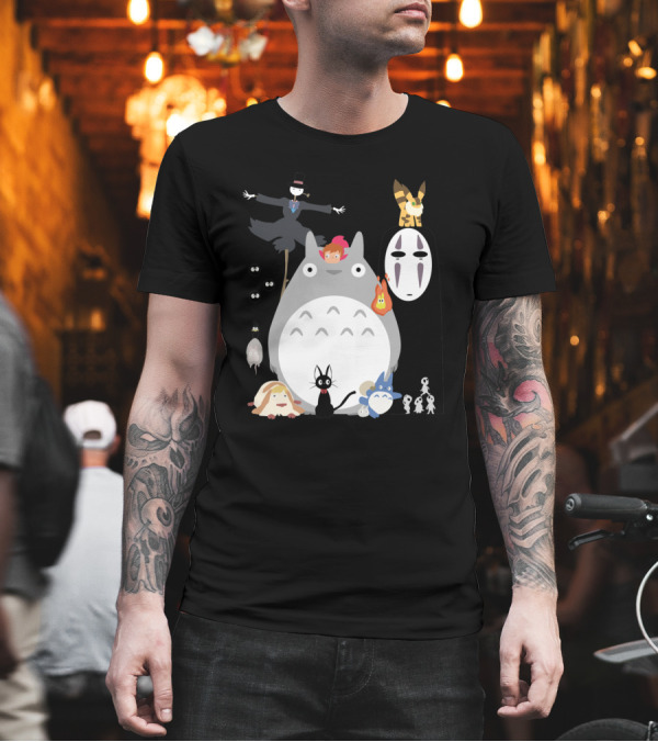 Ghibli Friends Totoro No-Face Jiji Catbus Calcifer Kodama Characters T-Shirt Ghibli Friends Totoro No-Face Jiji Catbus Calcifer Kodama Characters T-Shirt