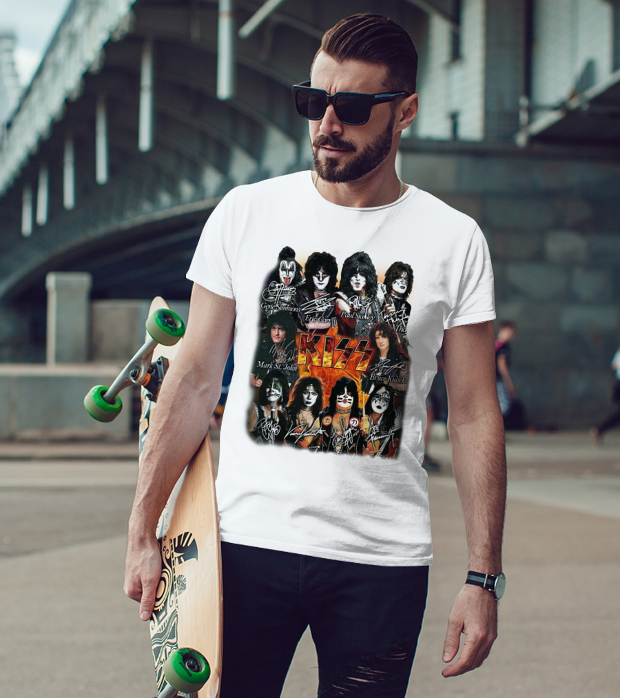 Kiss Band Members Gene Simmons Paul Stanley Peter Criss Ace Frehley Eric Carr Vinnie Vincent Mark St. John Bruce Kulick Eric Singer Thayer Signatures T-Shirt