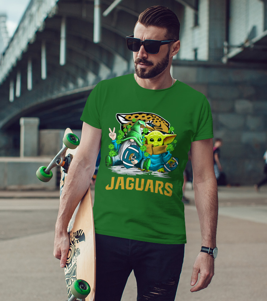 Jacksonville Jaguars St. Patrick's Day Gnome And Baby Alien Football With Shamrocks T-Shirt