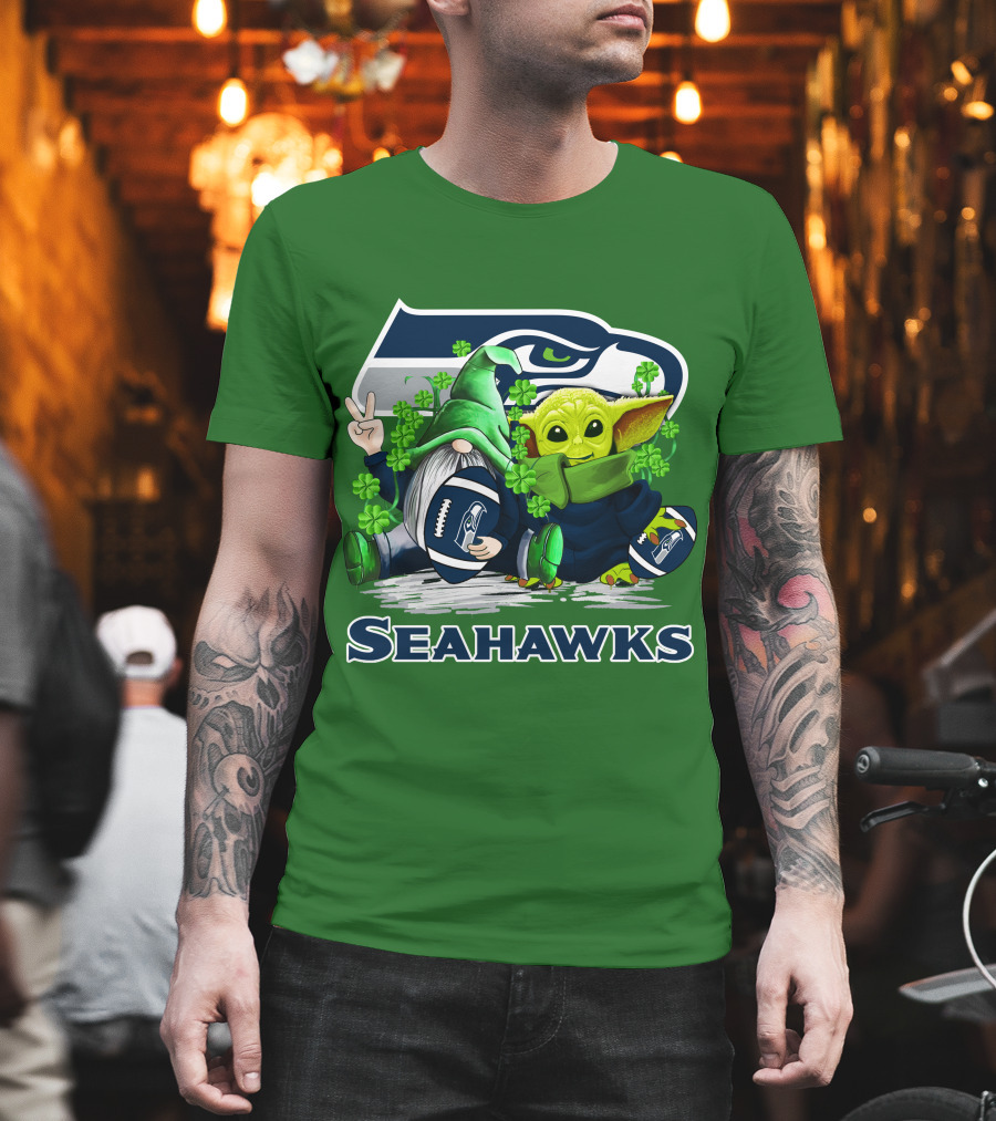 Seattle Seahawks St. Patrick's Day Gnome and Baby Yoda Football T-Shirt
