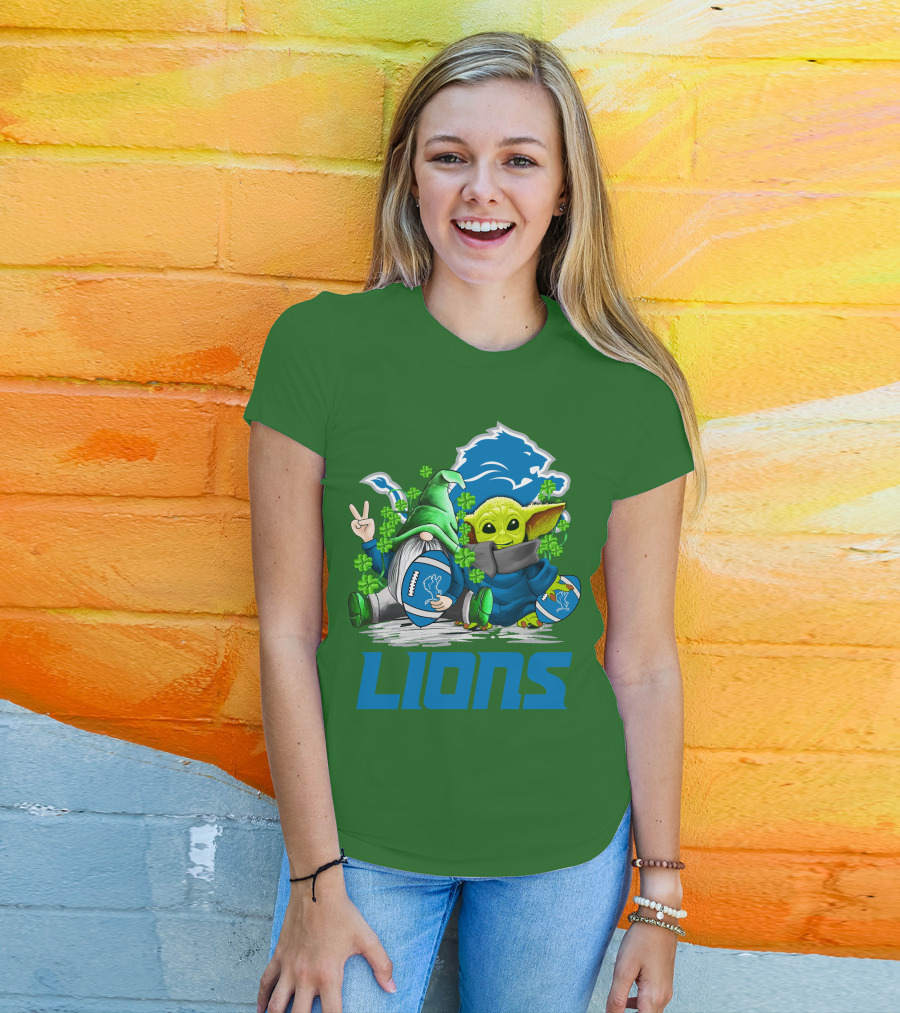 Detroit Lions St. Patrick's Day Gnome And Yoda Football T-Shirt