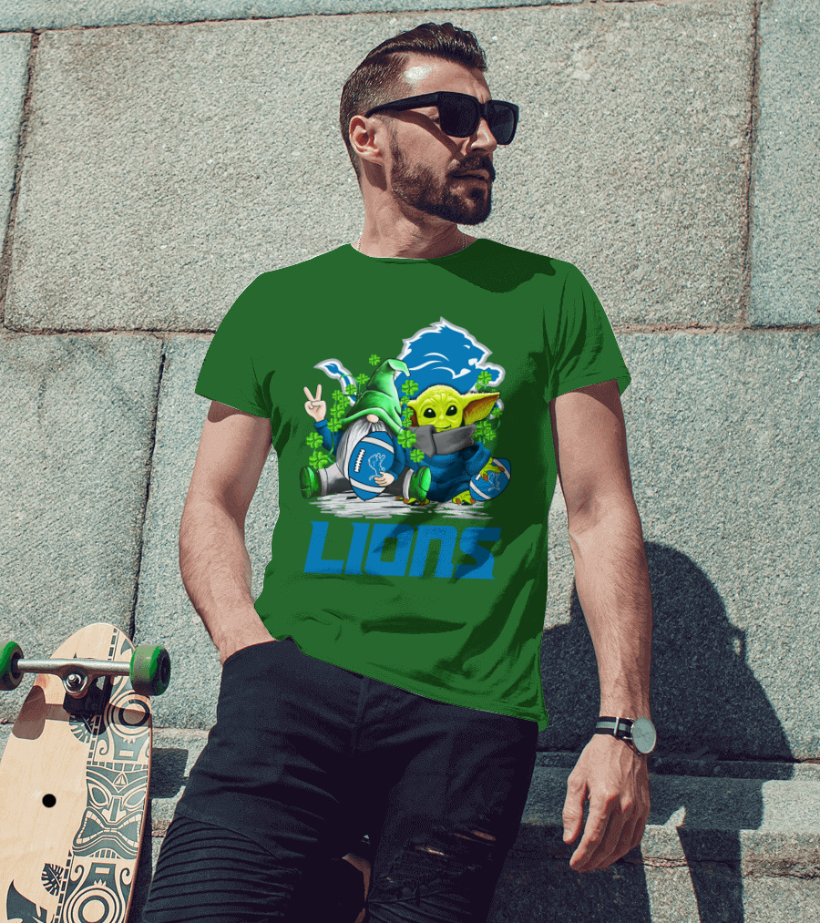 Detroit Lions St. Patrick's Day Gnome And Yoda Football T-Shirt