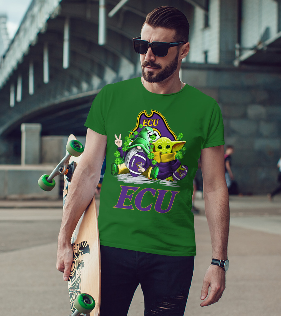 ECU East Carolina Pirates Football St. Patrick's Day Celebration With Gnome And Baby Alien T-Shirt