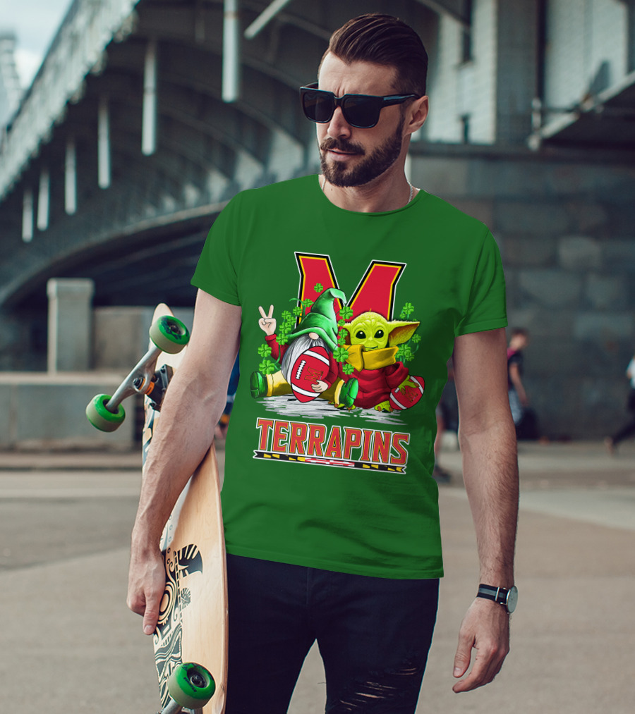 Maryland Terrapins Football St. Patrick's Day Gnome And Baby Yoda T-Shirt