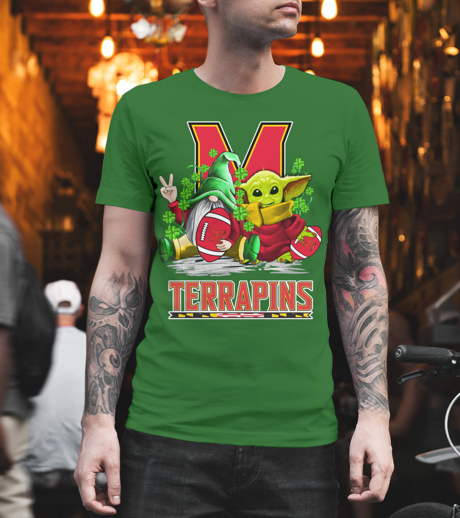 Maryland Terrapins Football St. Patrick's Day Gnome and Baby Yoda T-Shirt