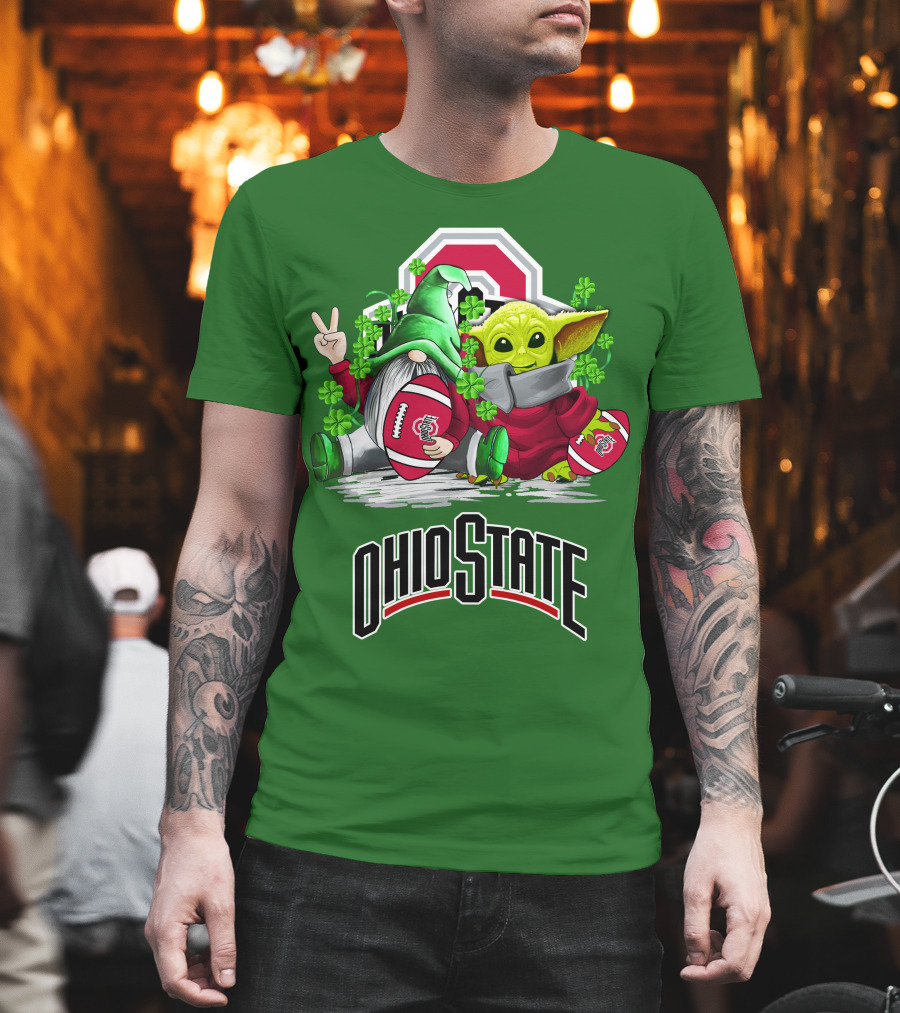 Ohio State Buckeyes Football St. Patrick’s Day Gnome and Yoda with Shamrocks T-Shirt