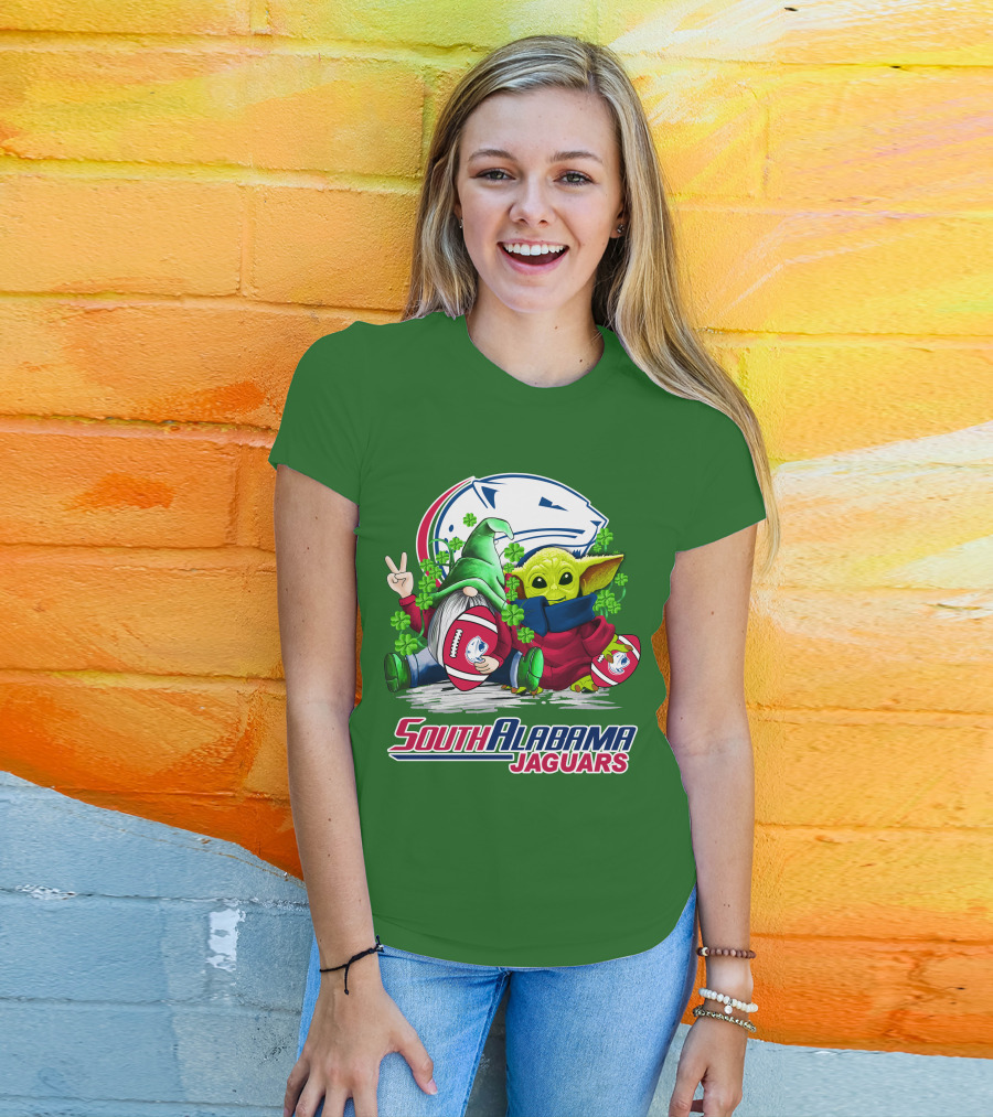 South Alabama Jaguars Football St. Patrick's Day Gnome And Baby Alien With Shamrocks T-Shirt