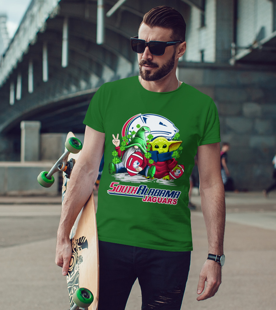 South Alabama Jaguars Football St. Patrick's Day Gnome And Baby Alien With Shamrocks T-Shirt