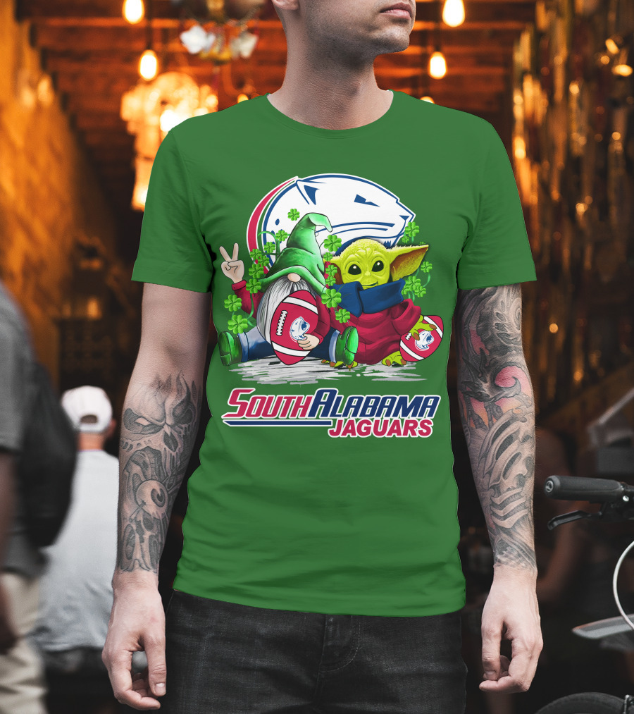 South Alabama Jaguars Football St. Patrick's Day Gnome and Baby Alien with Shamrocks T-Shirt