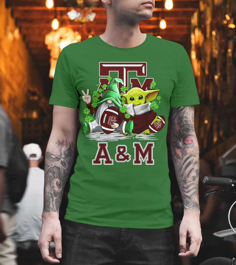 Texas A&M Aggies Football St. Patrick’s Day Gnome and Baby Alien with Shamrocks T-Shirt