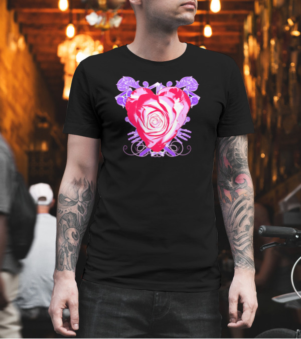 Heart Shaped Pink Rose with Purple Abstract Floral Background T-Shirt Heart Shaped Pink Rose with Purple Abstract Floral Background T-Shirt