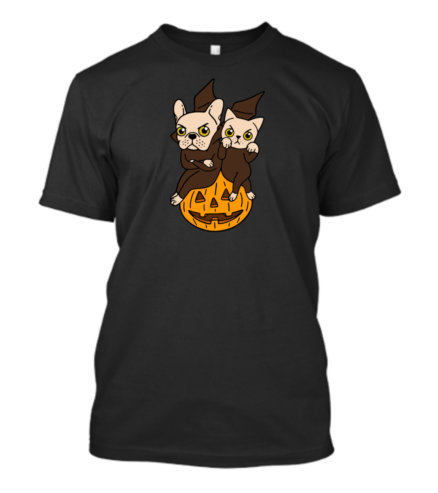Frenchie And Kitten In Witch Costumes On Halloween Pumpkin T-Shirt